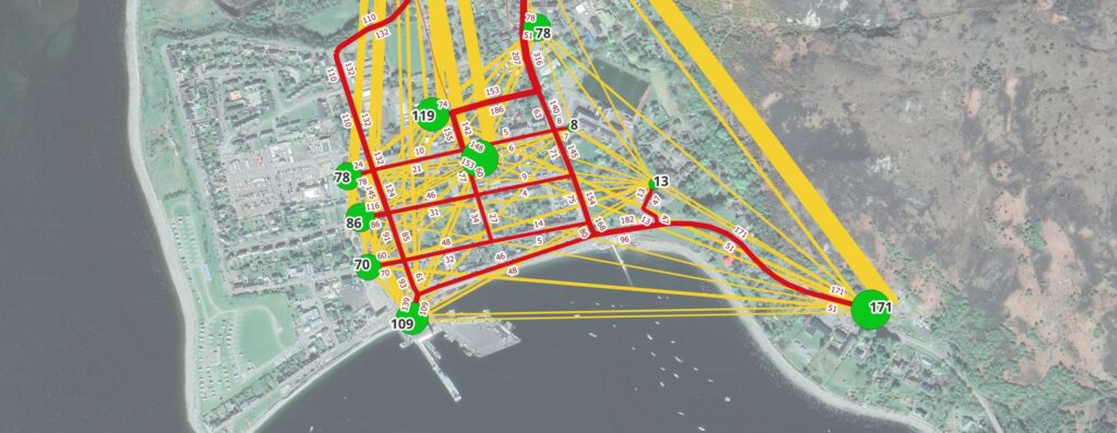 Traffic flow, zones, and desire lines of trips matrix graphic visualization