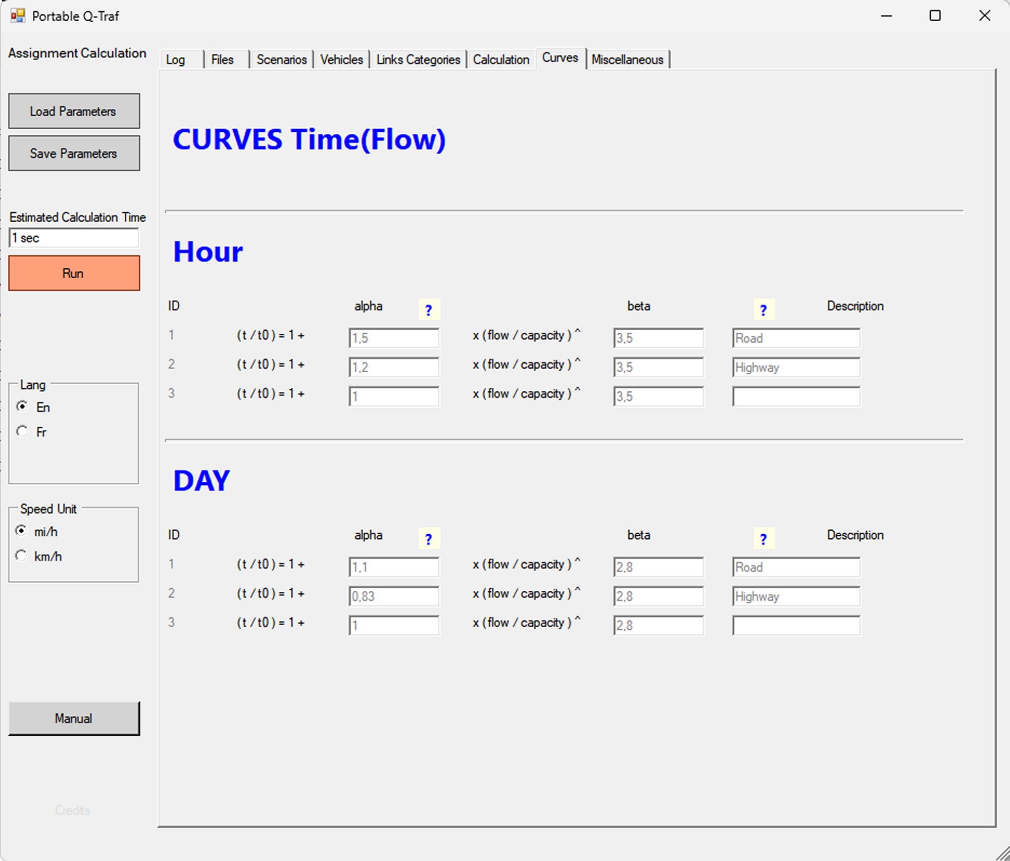 Q-Traf tab 7 - Speed-flow functions Q-Traf tab 7 - Speed-flow functions