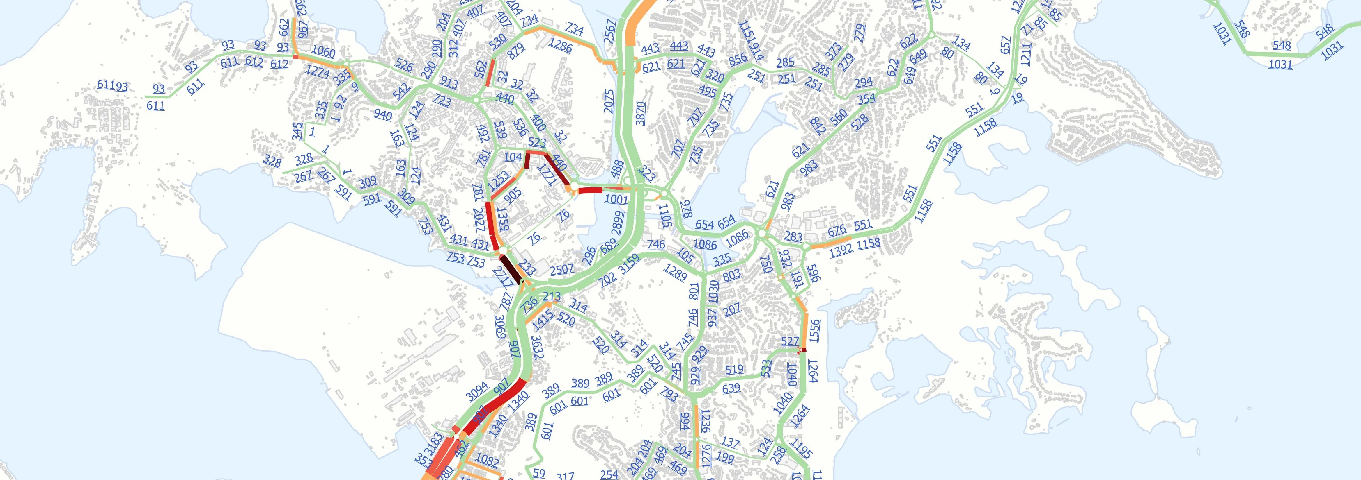 Traffic flow map and level of service computed with Q-Traf