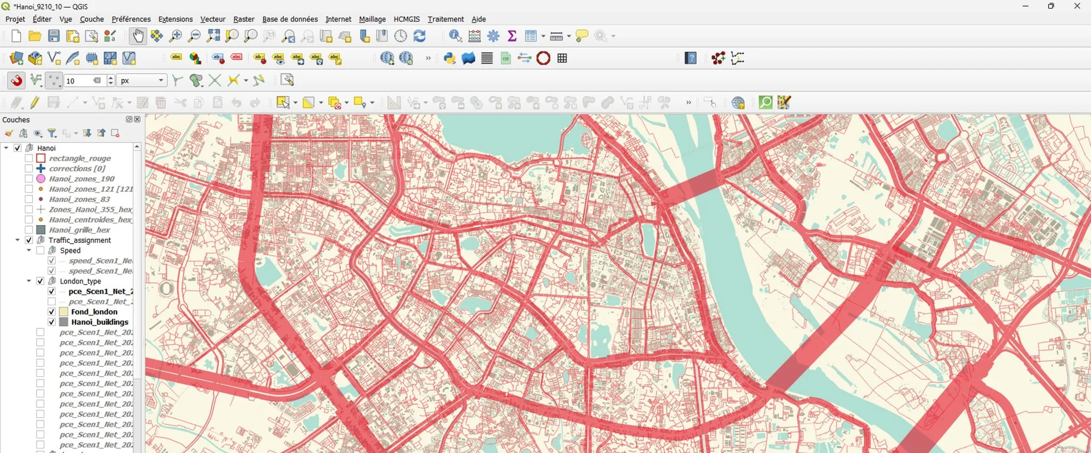 Traffic flow map of Hanoi displayed in QGIS Traffic flow map of Hanoi displayed in QGIS